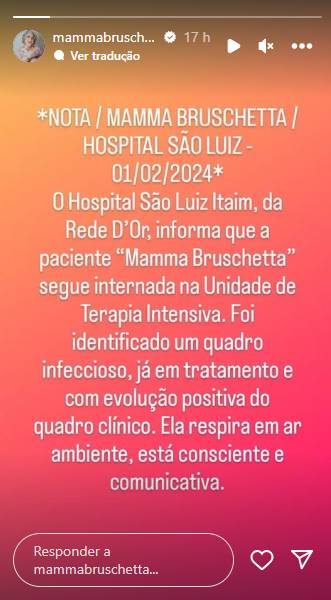 Mamma Bruschetta Tem Quadro Infeccioso Diagnosticado E Segue Na UTI