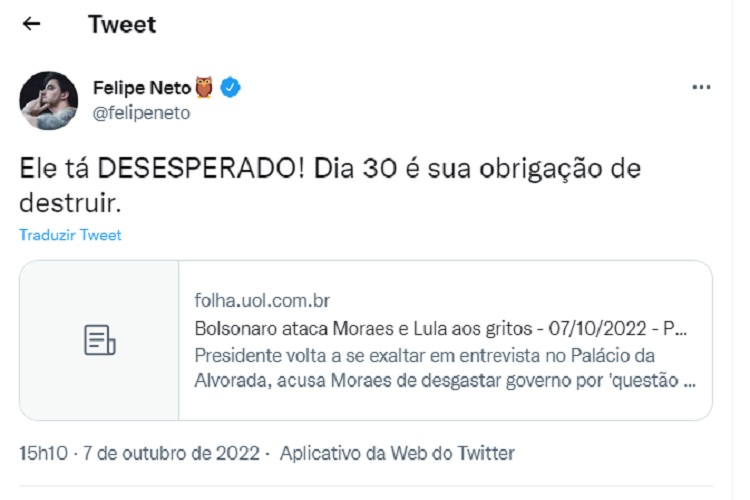 Felipe Neto detona Jair Bolsonaro (Foto: Twitter)