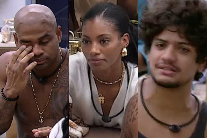 Tina, Cezar e Gabriel durante conversa na cozinha.