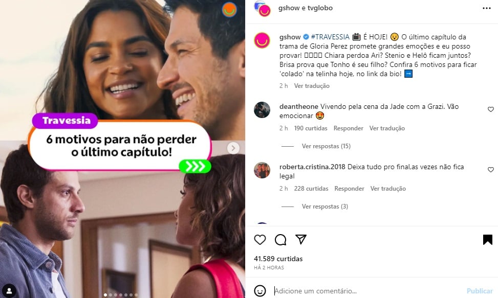 Postagem Gshow sobre Travessia (Foto: Reprodução Instagram)