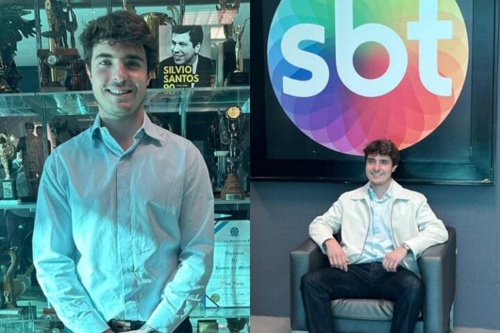 João Augusto, filho de Gugu, em visita aos estúdios do SBT (Foto - Instagram - Montagem Área VIP)