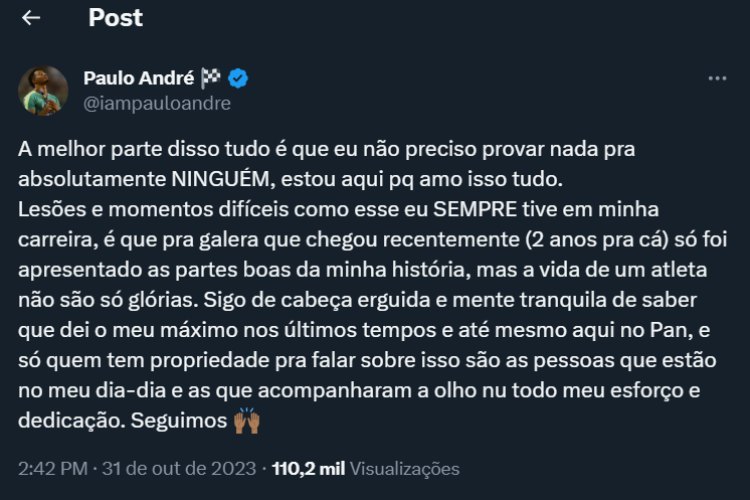 O pronunciamento de Paulo André no Twitter/X (Reprodução: Rede Social)