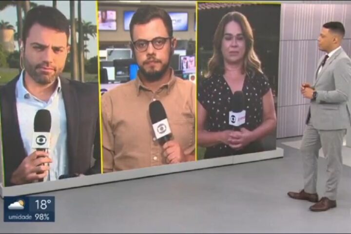 O apresentador Fred Ferreira chamando o repórter Hugo Evaristo (Reprodução: TV Globo Brasília)