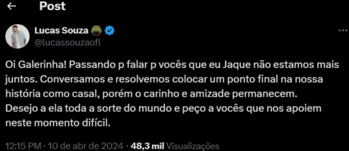 Lucas Souza anunciando o término através do X, antigo Twitter (Reprodução: instagram)