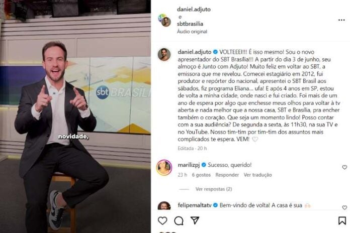 Daniel Adjuto anunciado a novidade no SBT (Reprodução: Instagram)