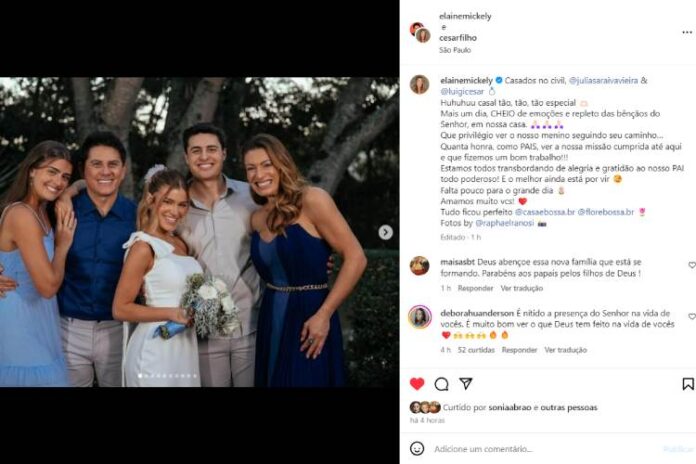 César Filho e Elaine celebrando o casamento do filho Luigi com a Juliana no civil (Reprodução: Instagram)