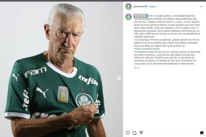 O palmeiras informando a morte do Dudu, ex-jogador de futebol (Reprodução: Instagram)