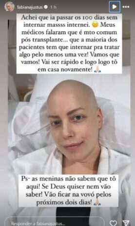 Fabiana desabafando com os seguidores sobre a nova internação (Reprodução: Instagram)