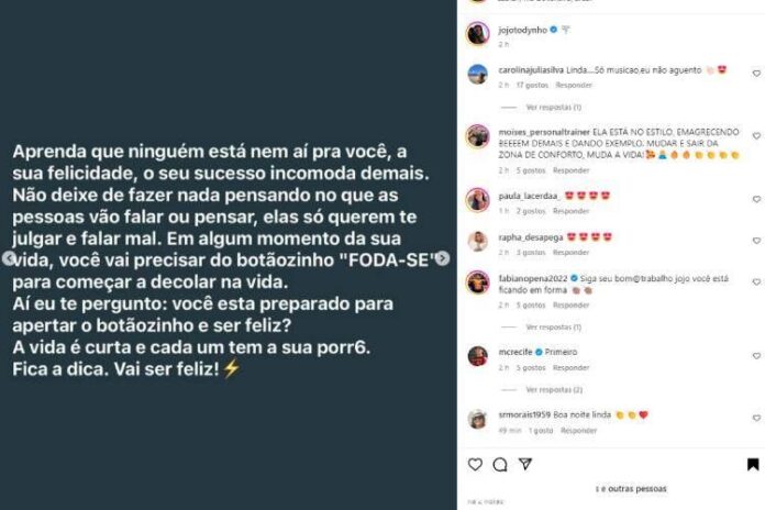 Veja o texto colocado por Jojo na imagem do carrossel (Reprodução: Instagram)