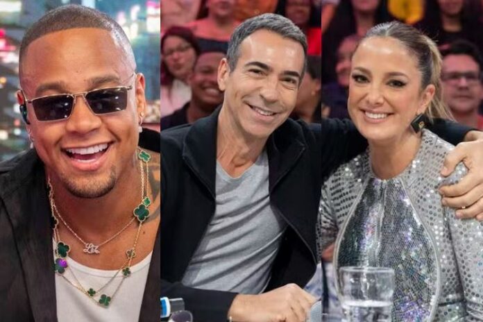 Léo Santana, César Tralli e Ticiane Pinheiro no Domingão - Foto: Globo/ Beatriz Damy