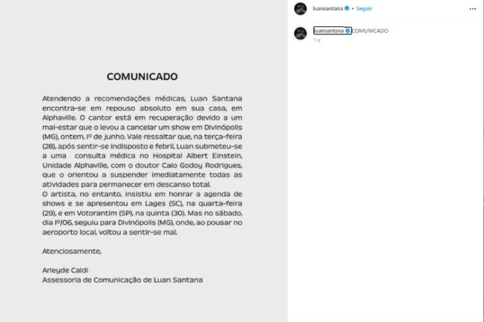 O comunicado da equipe de Luan Santana (Reprodução: Instagram)
