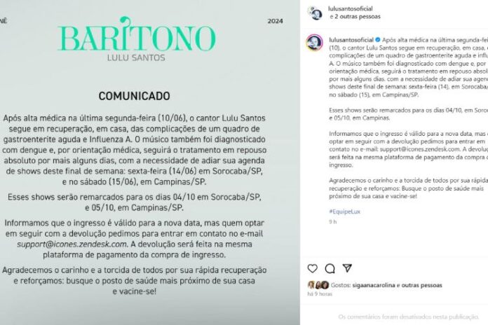 O comunicado realizado pela equipe de Lulu Santos (Reprodução: Instagram)