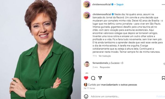 Christina Lemos celebra 4 anos no comando do 'Jornal da Record': 