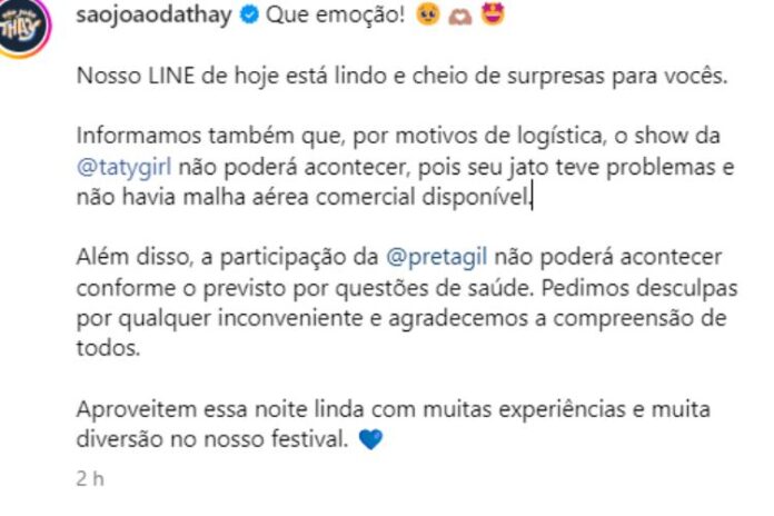 O comunicado do 'São João Da Thay' sobre a participação da Preta Gil (Reprodução: Instagram) 