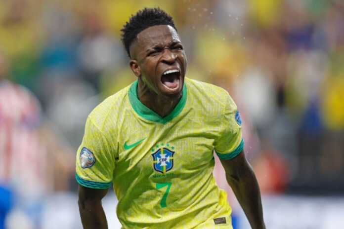 Vini Jr celebra gol pelo Brasil - Foto: Rafael Ribeiro/CBF