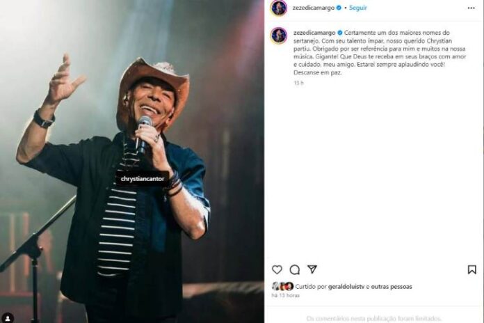 Zezé Di Camargo lamentando a morte de Chrystian nas redes (Reprodução: Instagram)