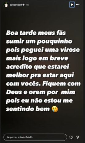 Davi Brito comunicando aos fãs (Reprodução: Instagram)