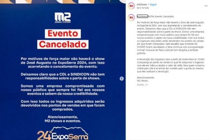 O comunicado da M2 eventos nas redes sociais (Reprodução: Instagram)