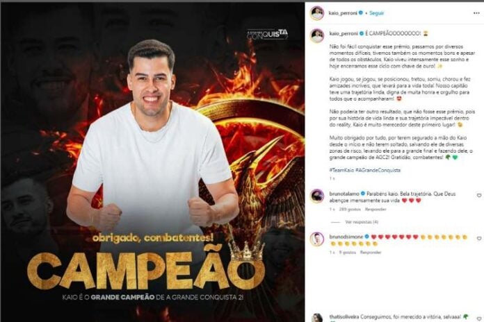 O pronunciamento da equipe de Kaio Perroni quando ele se tornou o campeão de 'A Grande Conquista 2' (Reprodução: Instagram)