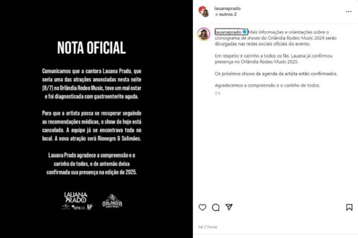 Nota da cantora Lauana Prado (Reprodução: Instagram)