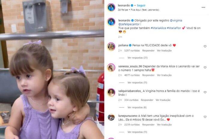 Leonardo encantado com as netinhas Maria Alice e Maria Flor (Reprodução: Instagram)