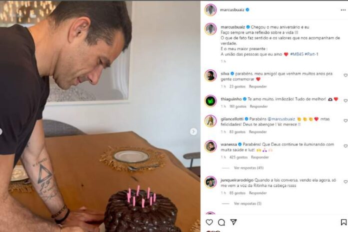 Marcuz Buaiz fazendo a reflexão após ganhar a festa de Isis Valverde e dos filhos João Marcus e José Francisco, e também do Rael, seu enteado (Reprodução: Instagram)