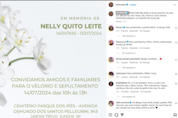 A postagem do Milton Leite lamentando a morte da mãe (Reprodução: Instagram)