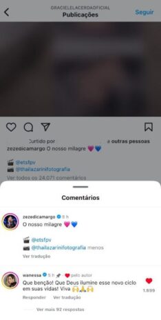 Wanessa Camargo comentando a postagem de Graciele e Zezé (Reprodução: Instagram)