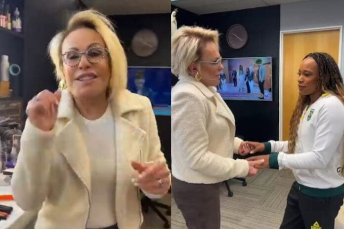 Ana Maria Braga recebendo a Rebeca Andrade nos bastidores do Mais Você (Reprodução: Instagram)