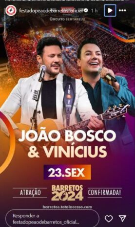 A Festa do Peão de Barretos confirmando a dupla no festival (Reprodução: Instagram)