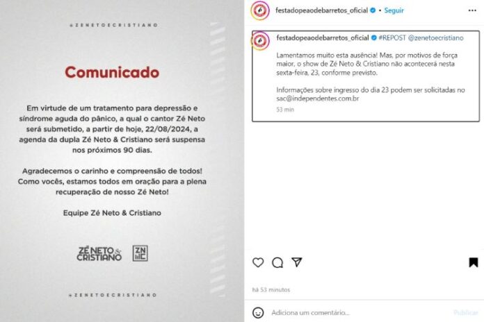 A Festa do Peão de Barretos lamentando a ausência da dupla Zé Neto e Cristiano (Reprodução: Instagram)