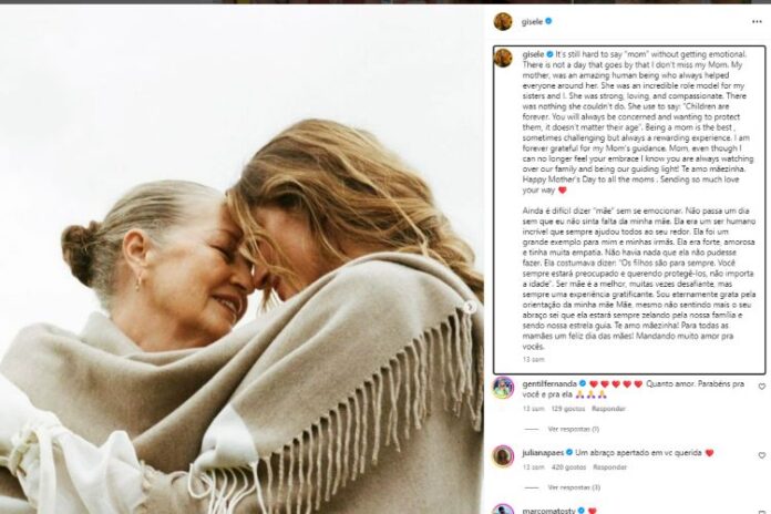 Gisele Bündchen homenageando a mãe que faleceu essa no (Reprodução: Instagram)