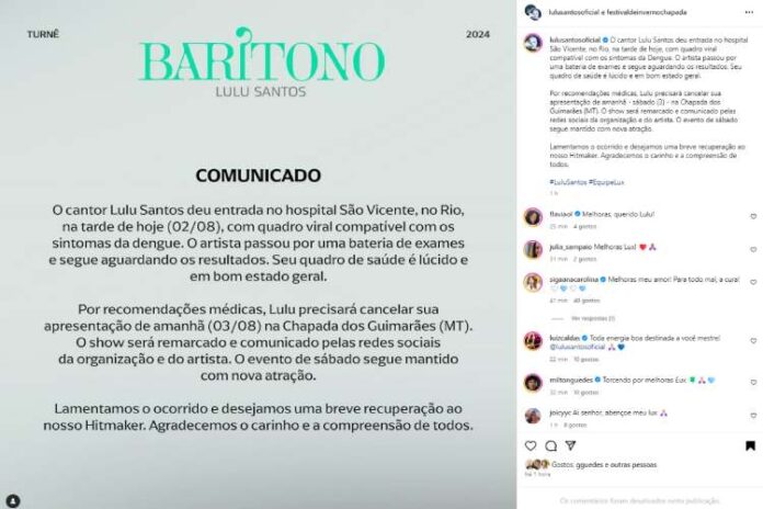 O comunicado publicado no Instagram deLulu Santos (Reprodução: Instagram)