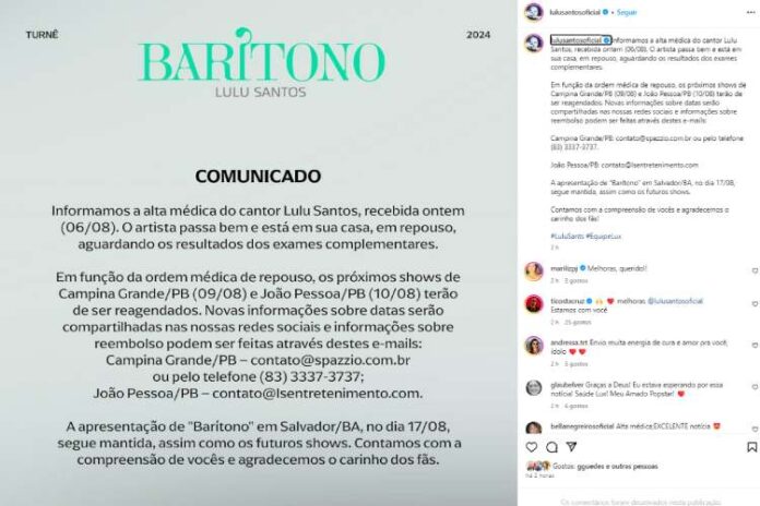 A equipe de Lulu Santos fez o comunicado da alta médica (Reprodução: Instagram)