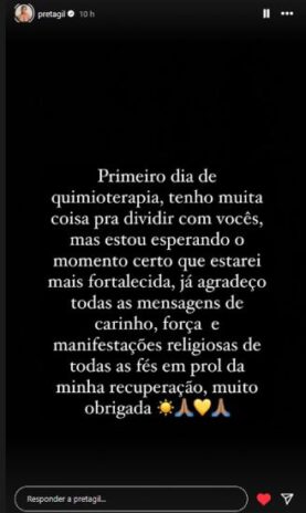 Preta Gil fez seu primeiro pronunciamento após a retomada do tratamento (Reprodução: Instagram)