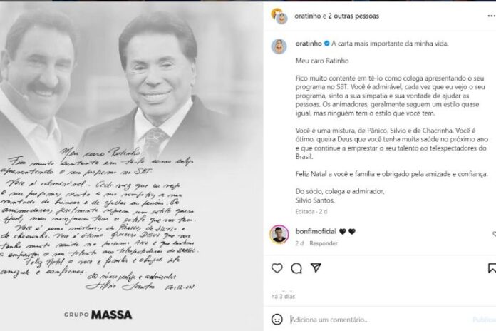 Ratinho mostrando a carta que recebeu de Silvio Santos no final do ano passado (Reprodução: Instagram)