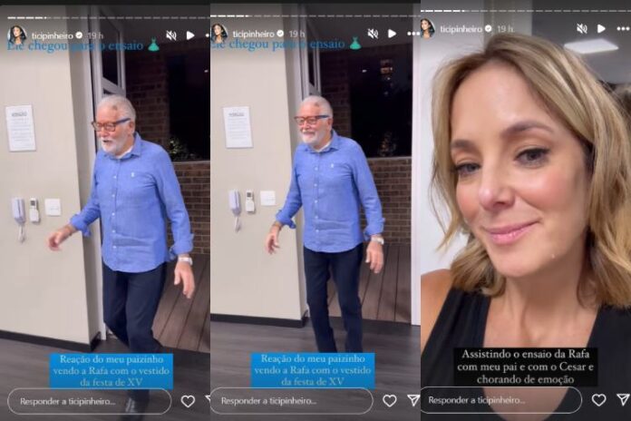 Ticiane Pinheiro mostrando a reação de seu pai ao ver a Rafa com o vestido de 15 anos (Reprodução: Instagram)