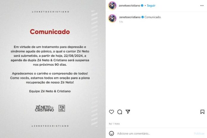 O comunicado feito pela dupla Zé Neto e Cristiano nas redes sociais deles (Reprodução: Instagram)