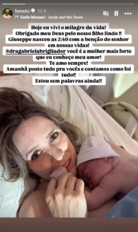 O comunicado de Benuto sobre o nascimento do filho, fruto de sua relação com a médica Gabriela (Reprodução: Instagram)