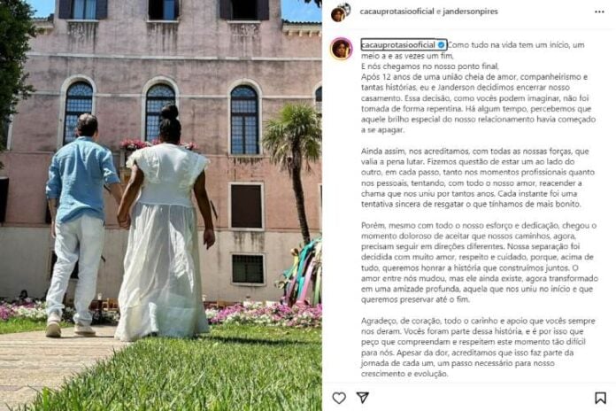 Cacau Protásio anunciando o fim do casamento com Janderson no Instagram