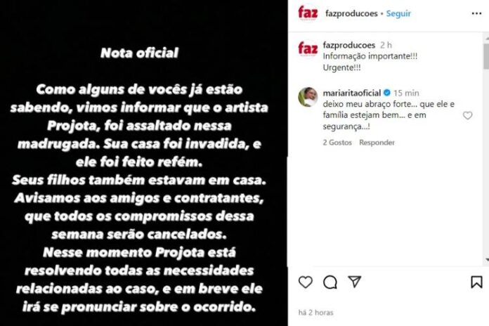 A nota da empresa que cuida da carreira do Projota (Reprodução: Instagram)