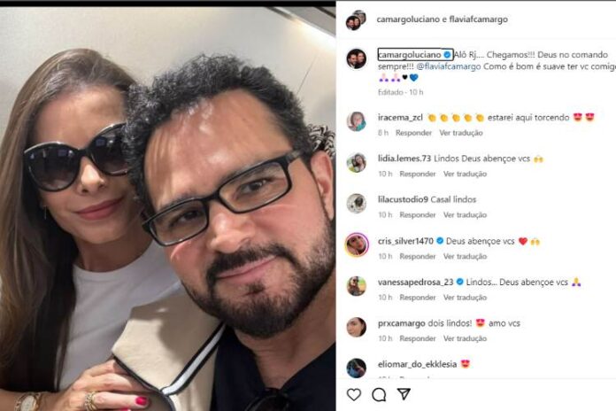 Luciano realizou a psotagem com a esposa Flavia Camargo no avião antes do evento (Reprodução: Instagram)