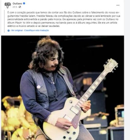 O comunicado da antiga banda que Freddie Salem fez parte como guitarrista (Reprodução: Facebook)