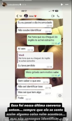 A conversa do pressentimento, que ocorreu antes do acidente, foi divulgada pela a esposa de João Neto nas redes sociais (Reprodução: Instagram)