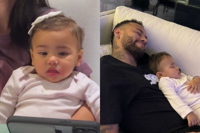 Neymar mostrando o momento fofo da Mavie caindo de sono e depois contou que ela dormiu no colo dele (Reprodução: Instagram)