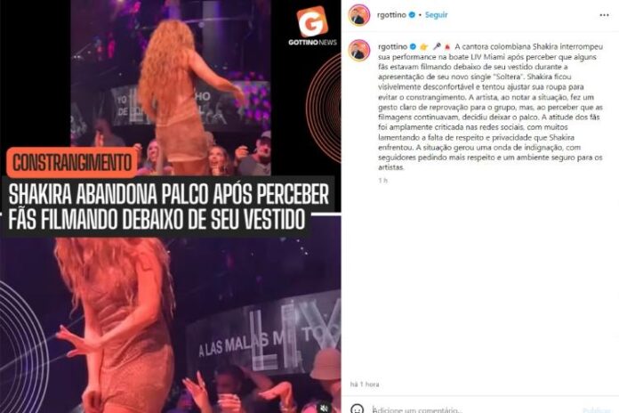 Reinaldo Gottino compartilhando a situação desconfortável que Shakira passou (Reprodução: Instagram)