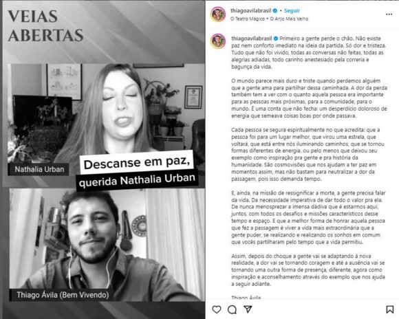 O texto de Thiago Ávila se despedindo de Nathália - Instagram