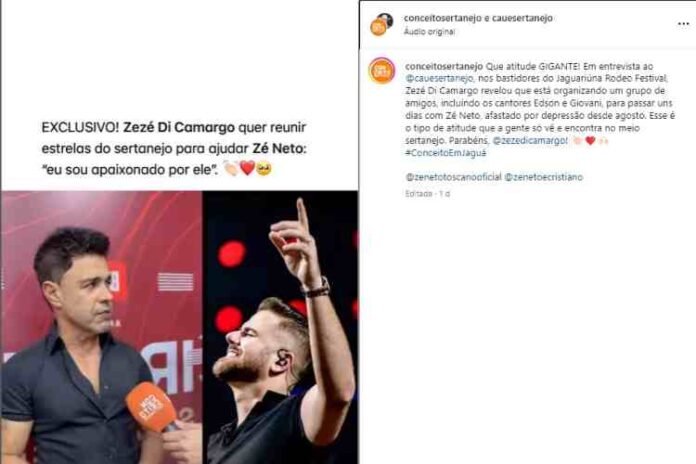 Zezé Di Camargo concendo uma entrevista falando de Zé Neto ao Conceito Sertanejo (Reprodução: Instagram)