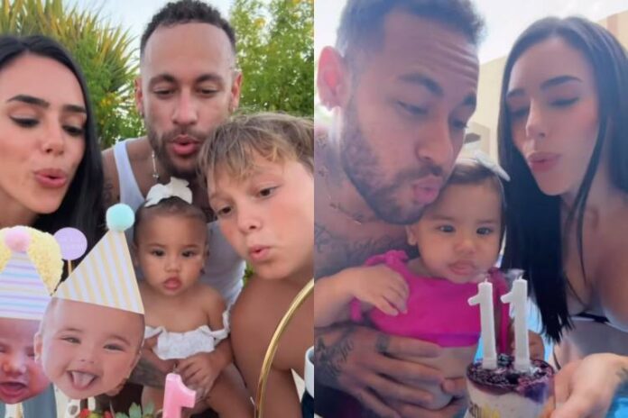 Bruna Biancardi, Neymar, Mavie e Davi Lucca no aniversário de um ano da menina, filha do jogador (Reprodução: Instagram)