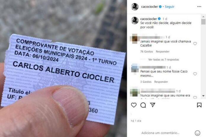 Caco Ciocler mostrando o verdadeiro nome, no caso não artístico, nas redes sociais (Reprodução: Instagram)